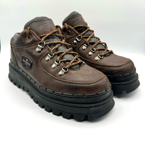 SKECHERS VINTAGE LEATHER BOOT LACE UP BROWN BOOT CHUNKY SOLE 90s MEN SIZE 9 - Picture 1 of 17